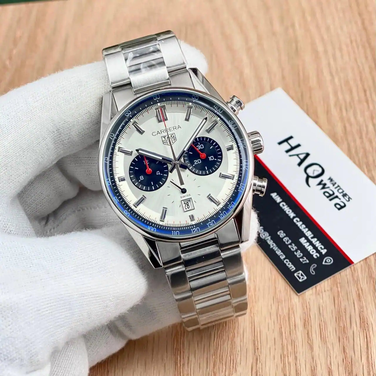 Tag carrera Argenté Blanc & Bleu Chrono