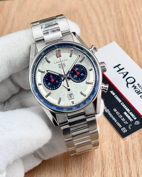 Tag carrera Argenté Blanc & Bleu Chrono