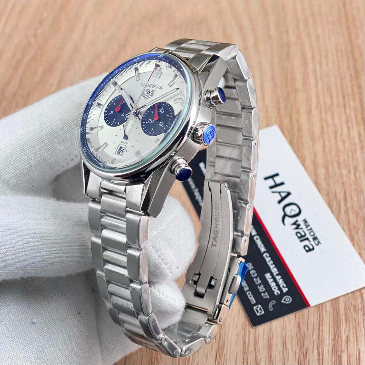 Tag carrera Argenté Blanc & Bleu Chrono