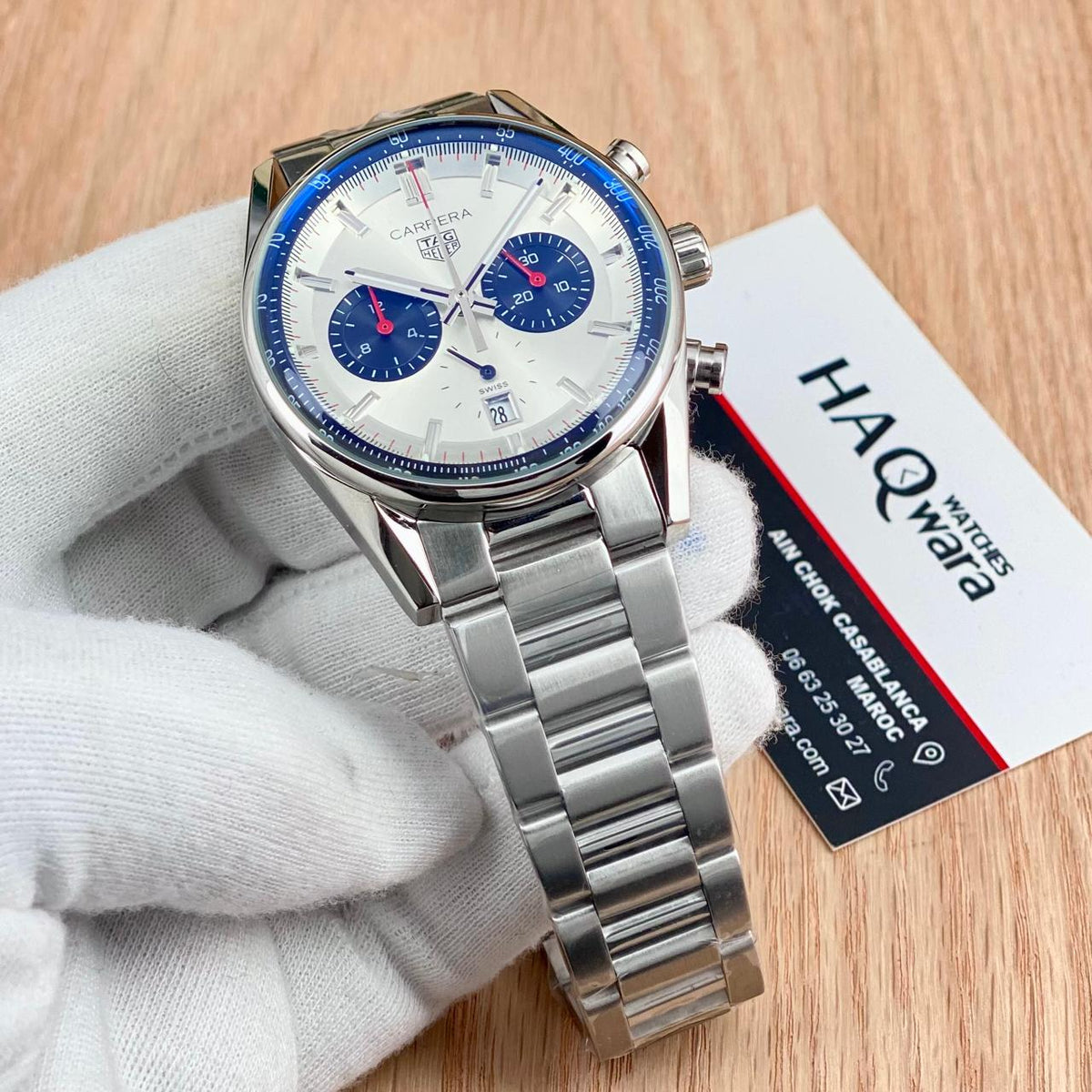 Tag carrera Argenté Blanc & Bleu Chrono