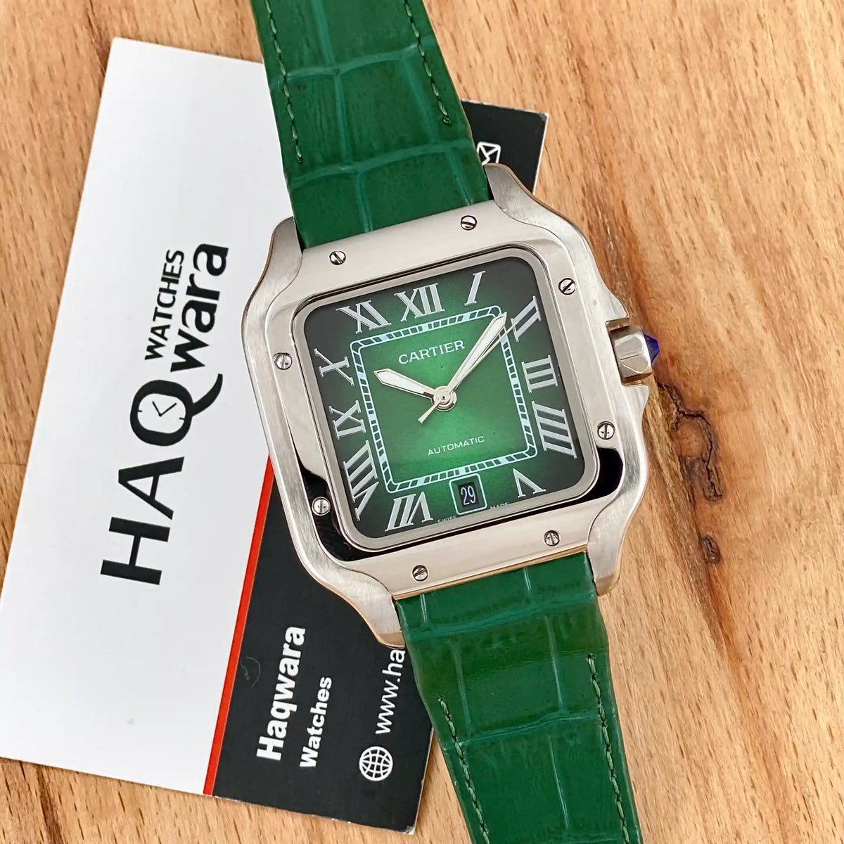 Cartier Santos Argenté Vert Cuire